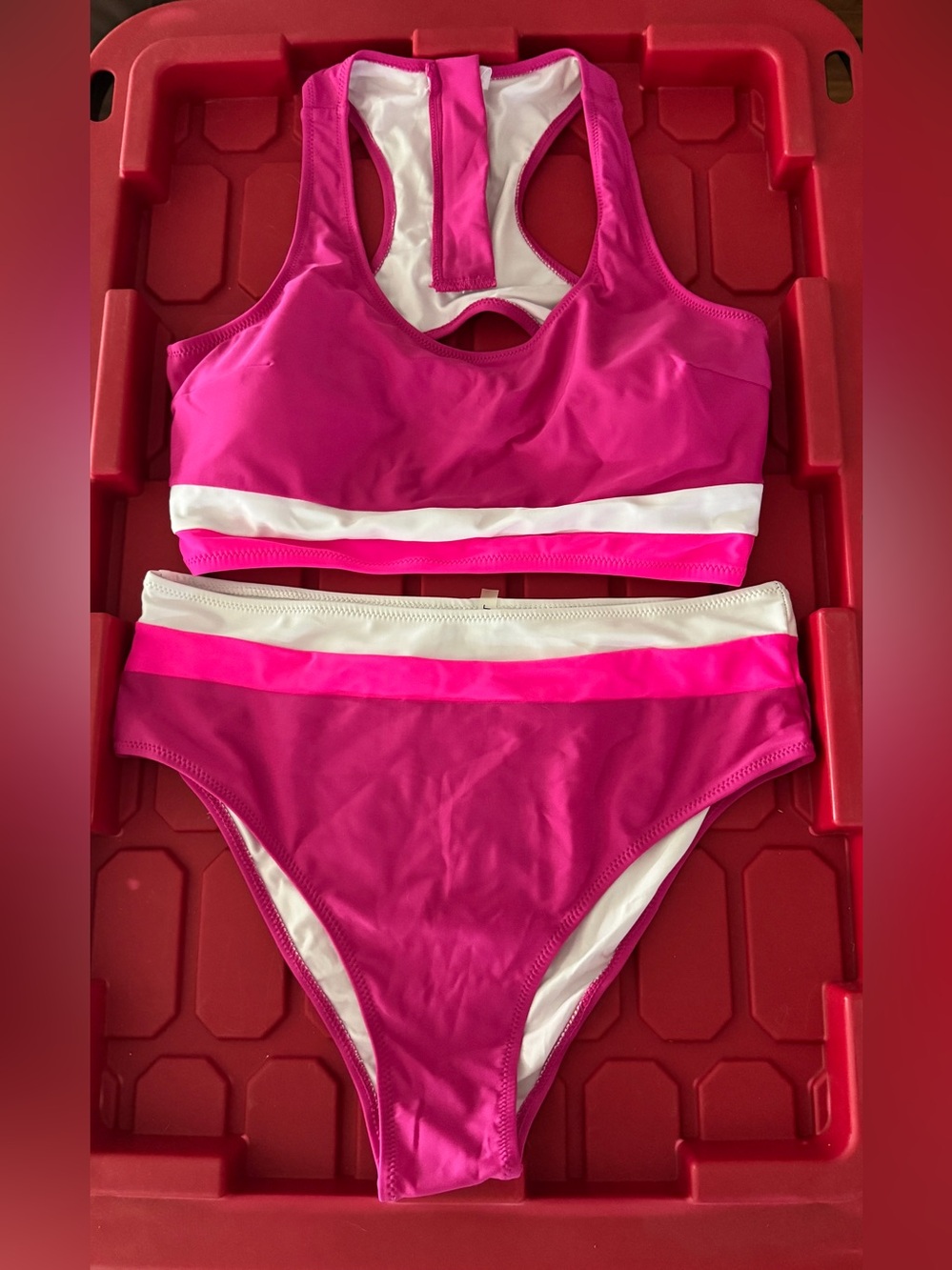 Hot Pink Two-Piece Sport Bikini with White Stripe